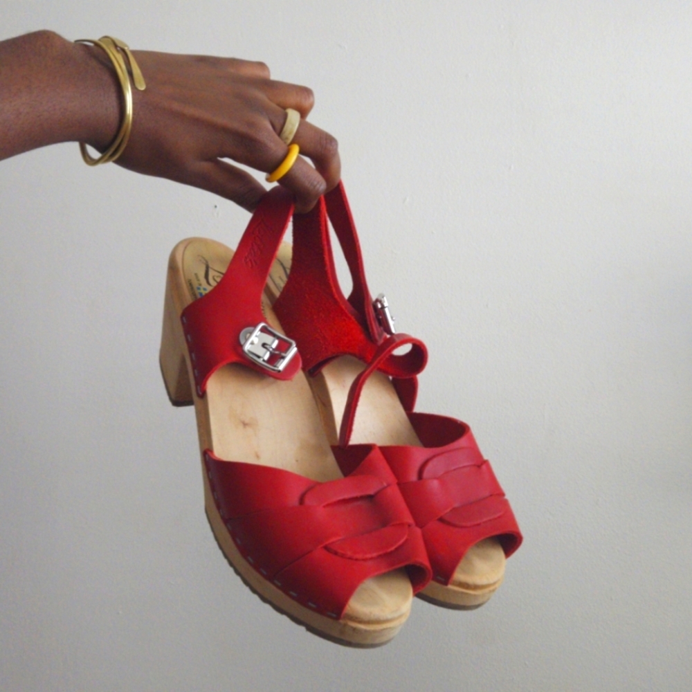 Red Leather Clog Sandals